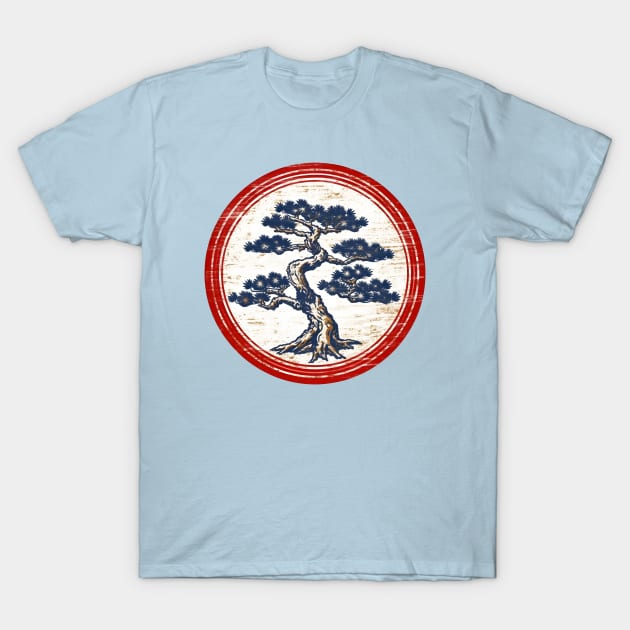 Blue bonsai on vintage distressed circular background T-Shirt by Clearmind Arts